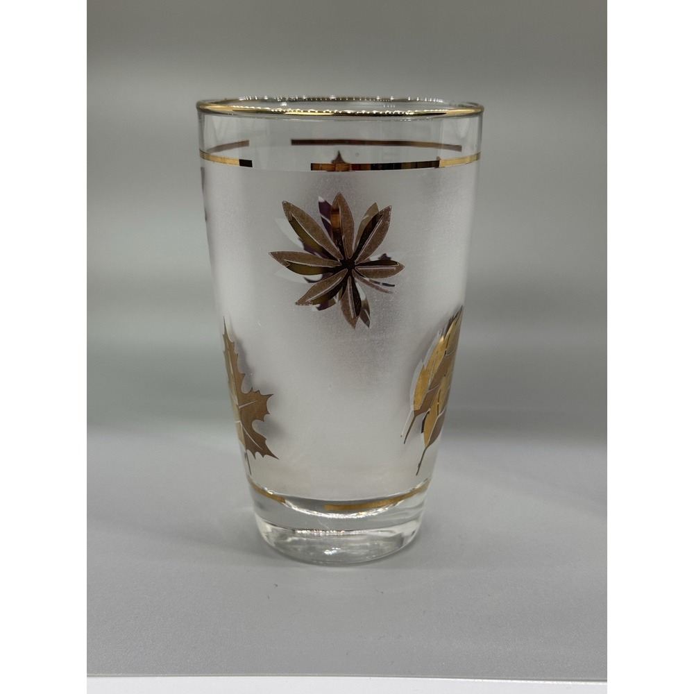 Vintage Libbey Frosted‎ Gold Leaf Tumblers Glasses Gold Rim 5-1/4" 12oz Set Of 4